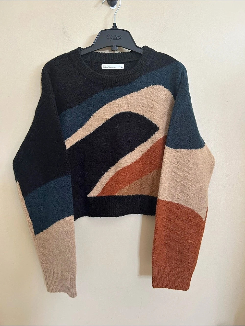 Oak + Fort Abstract Color Block Waistline Cropped Sweater XS